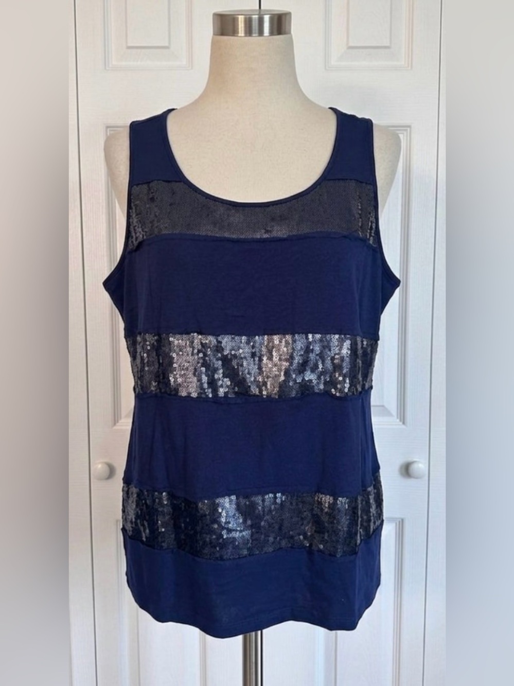 Chico's Navy Blue & Sequin Striped Tank Top